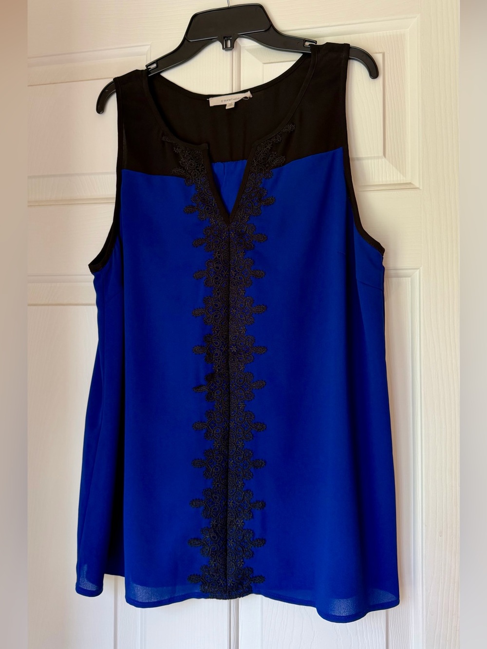 41 Hawthorn Royal Blue Sleeveless Blouse Black Lace Trim Mesh Yoke XL
